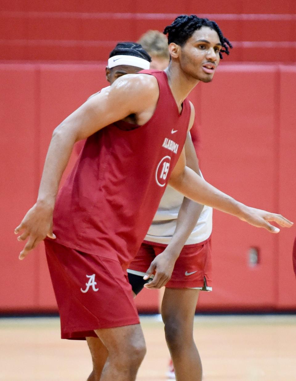 Alabama forward Jarin Stevenson (15) guards a teammate during practice for the Crimson Tide Men’s Basketball team Monday, Sept. 25, 2023.