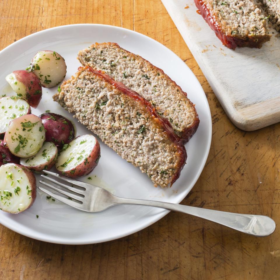 This undated photo provided by America's Test Kitchen in October 2018 shows a turkey meatloaf with a ketchup-brown sugar glaze in Brookline, Mass. This recipe appears in “The New Essentials Cookbook.” (Carl Tremblay/America's Test Kitchen via AP)