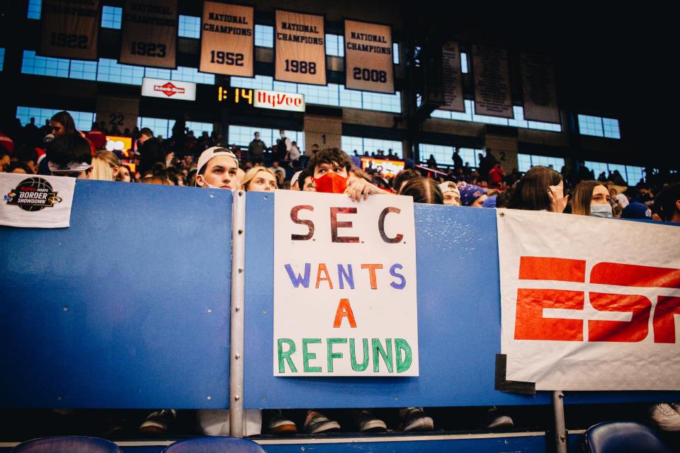 Kansas fans are prepared for the trash talk to resume in the Border War. Missouri men's basketball takes on No. 8 Kansas at the Allen Fieldhouse on December 11, 2021.