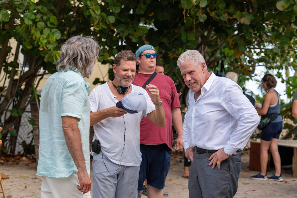 Tim Brown on the set of The Retirement Plan with Nicolas Cage and Ron Perlman