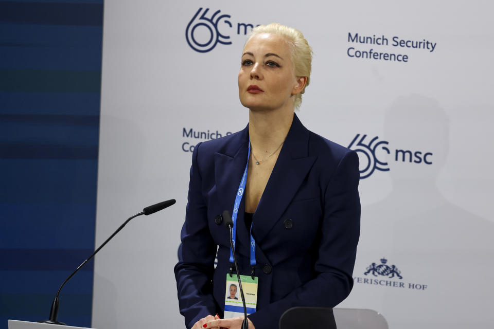 Yulia Navalnaya pauses while speaking at a press conference in Munich Germany on Friday.