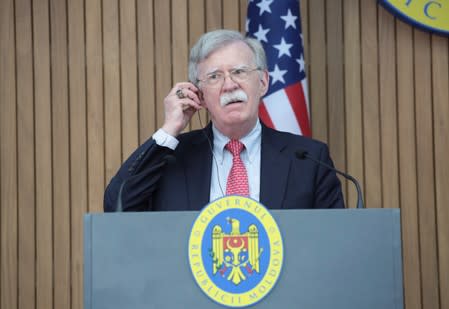 U.S. National Security Advisor Bolton attends a news conference in Chisinau