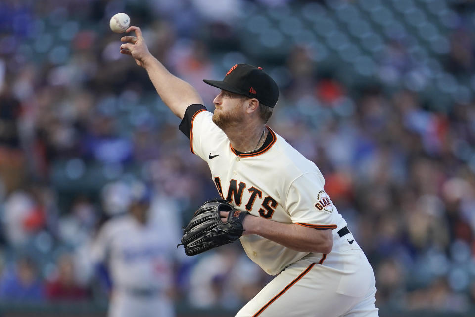 San Francisco Giants' Alex Cobb pitches against the Los Angeles Dodgers during the first inning of a baseball game in San Francisco, Wednesday, Aug. 3, 2022. (AP Photo/Jeff Chiu)