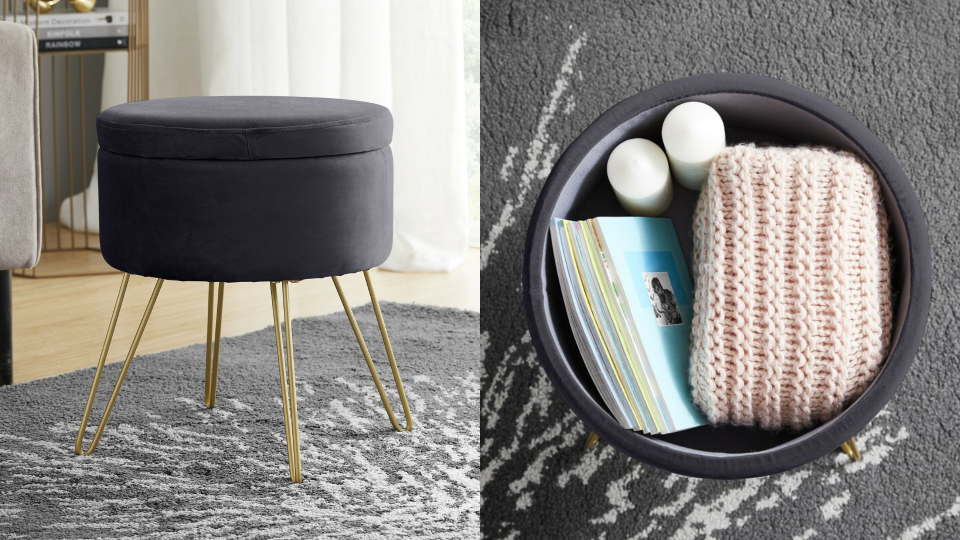 This velvety ottoman offers seating and storage.