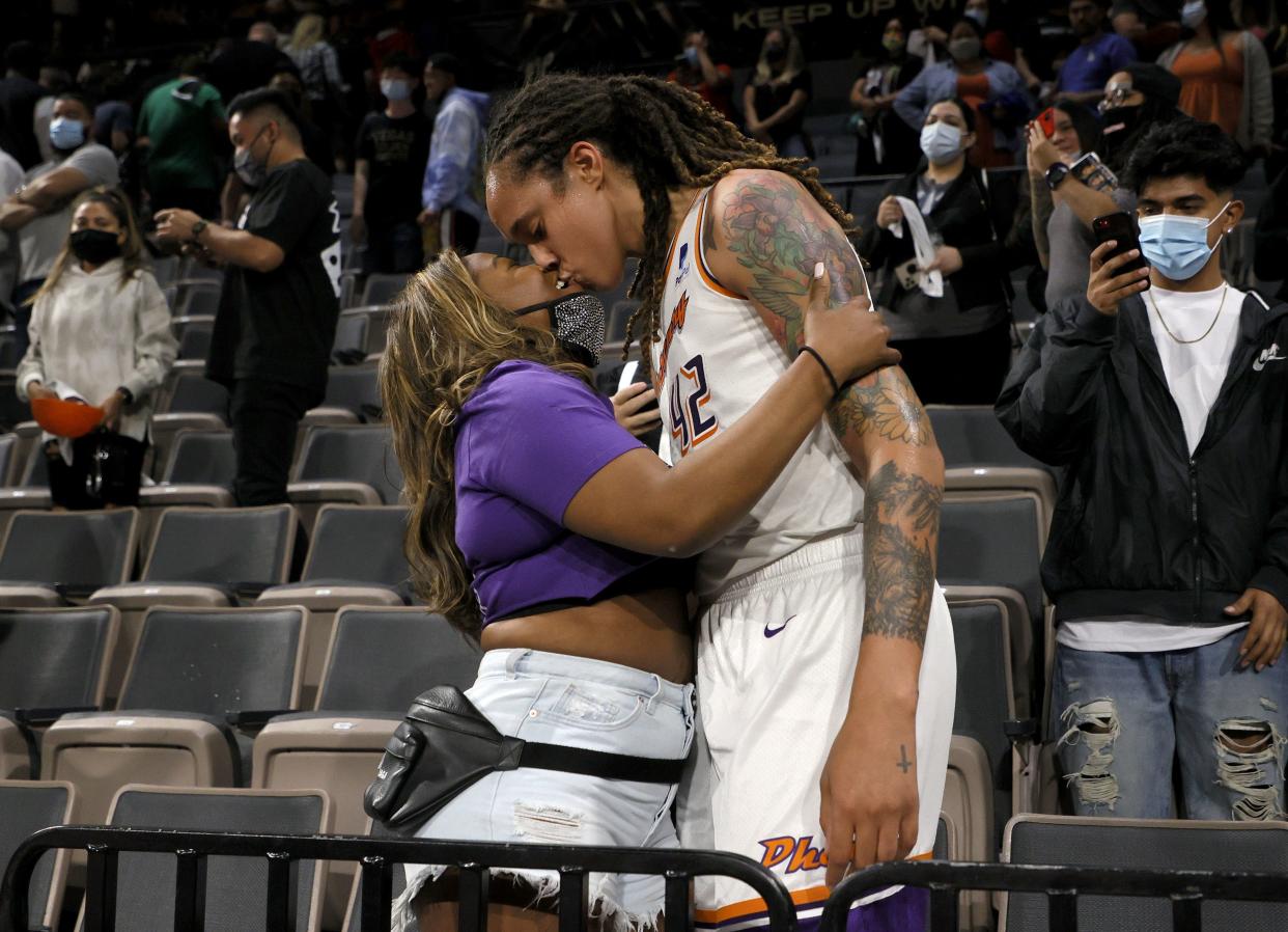 Brittney and Cherelle Griner pictured at Game Five of the 2021 WNBA Playoffs semifinals.