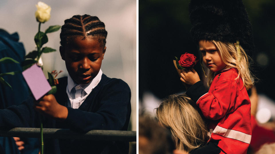 <strong>Mourning and memorializing Queen Elizabeth II at Buckingham Palace, London, England.</strong> "<a href="https://time.com/6212321/photos-queen-elizabeth-ii-world-mourning/" rel="nofollow noopener" target="_blank" data-ylk="slk:Scenes From Around the World in the Aftermath of Queen Elizabeth II's Death,;elm:context_link;itc:0;sec:content-canvas" class="link ">Scenes From Around the World in the Aftermath of Queen Elizabeth II's Death,</a>" September 9.<span class="copyright">Robbie Lawrence for TIME</span>