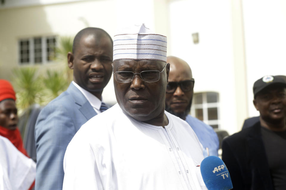 Nigerian presidential candidate, Atiku Abubakar, of the People's Democratic Party, speaks to journalists after the presidential election was delayed by the Independent National Electoral Commission, at his residence in Yola, Nigeria Saturday, Feb. 16, 2019. A civic group monitoring Nigeria's now-delayed election says the last-minute decision to postpone the vote a week until Feb. 23 "has created needless tension and confusion in the country." (AP Photo/Sunday Alamba)