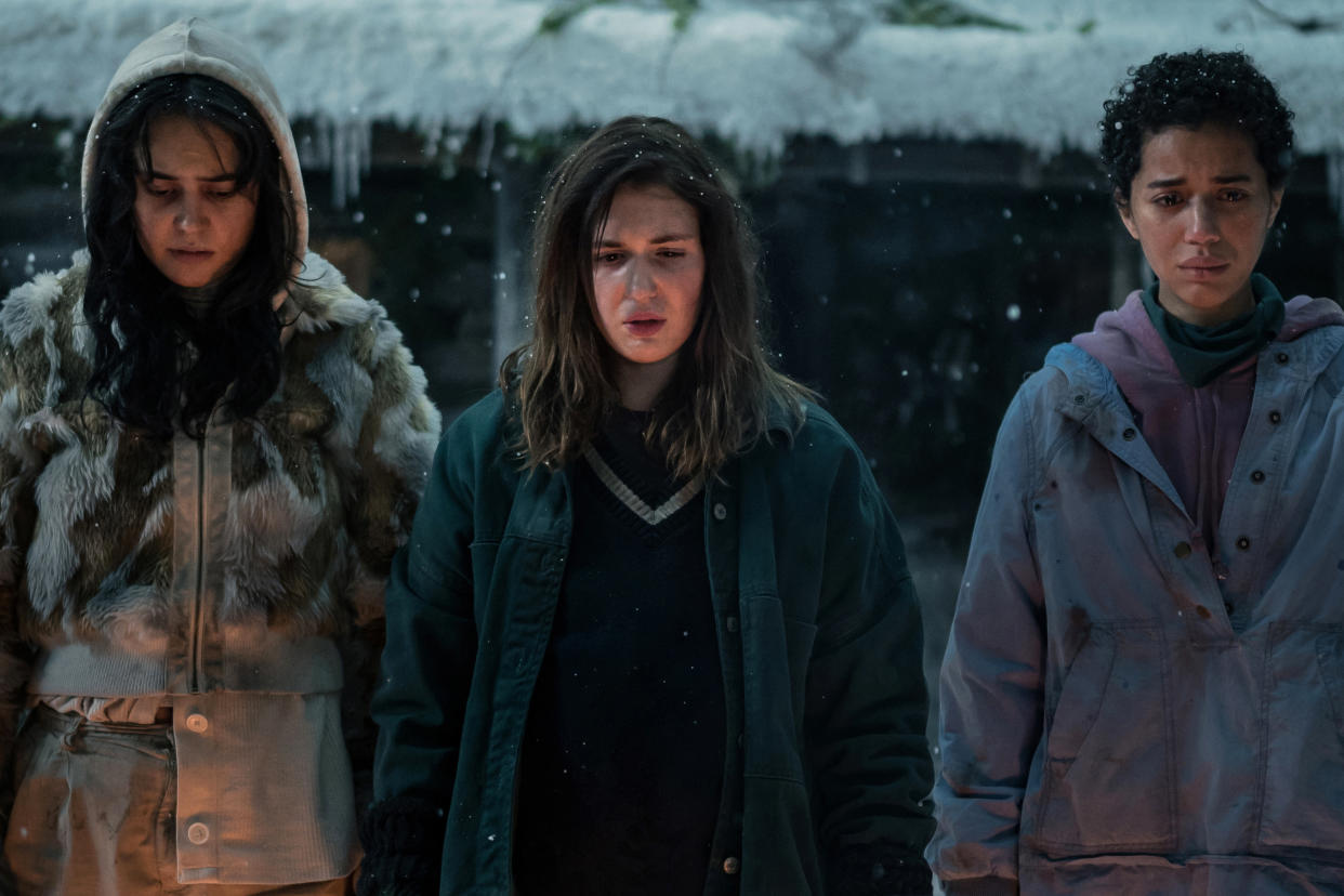 Courtney Eaton as teen Lottie, Sophie Nélisse as teen Shauna and Jasmin Savoy Brown as teen Taissa in 'Yellowjackets' season 2, episode 2