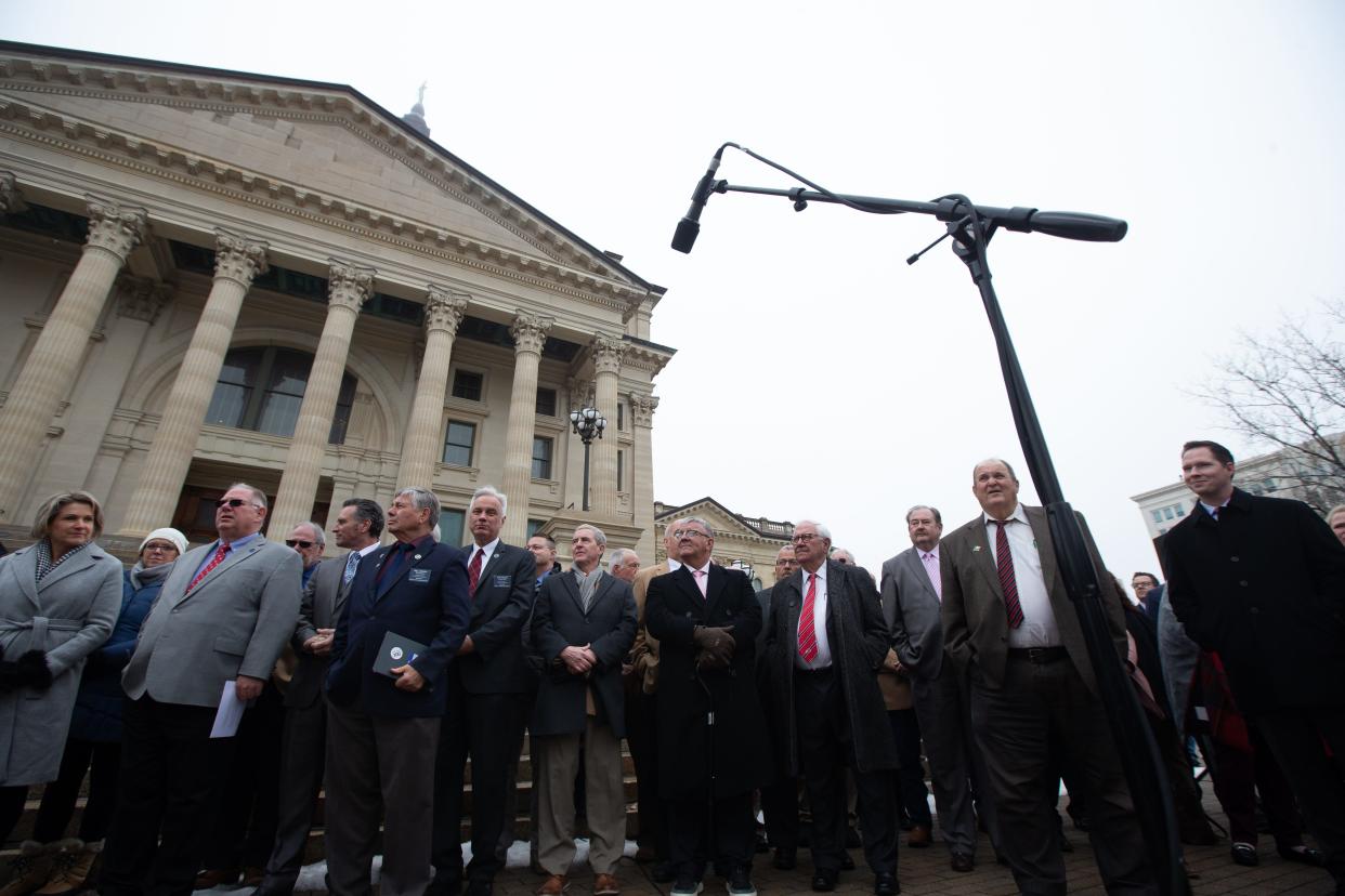 Anti-abortion members of the Kansas Legislature are listed as they stand in attendance at the March for Life event Wednesday at the Kansas Statehouse.
