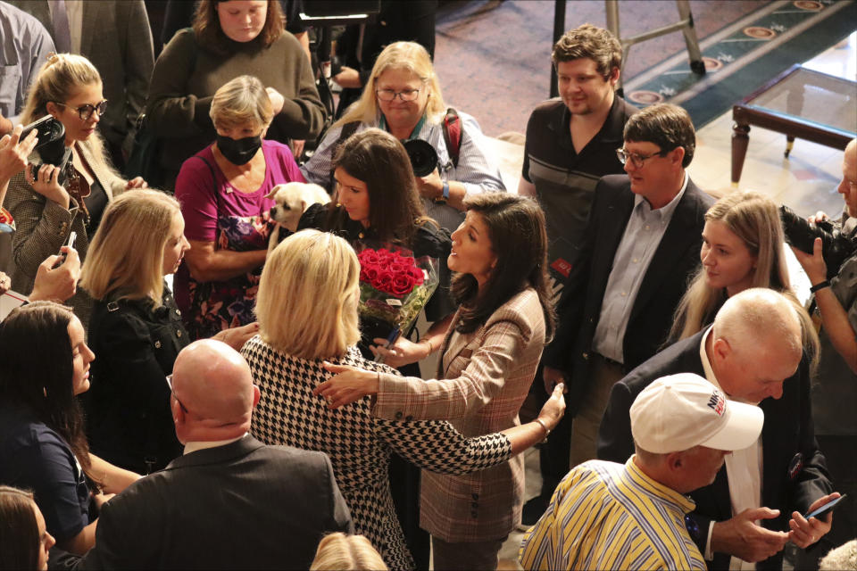 White House hopeful Nikki Haley greets attendees of a presidential campaign stop at the South Carolina State House on Monday, Oct. 30, 2023, in Columbia, S.C. The former South Carolina governor formally filed Monday to appear on the state's Republican presidential primary ballot. (AP Photo/James Pollard)