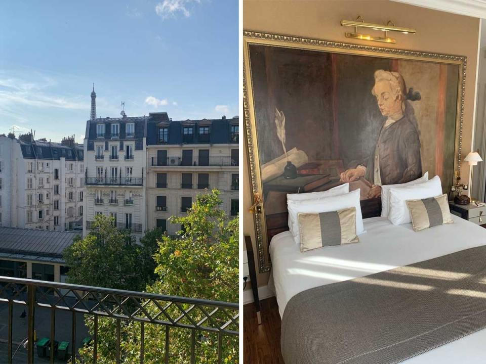 Side by side images of the Eiffel Tower poking out above rooftops and a hotel bed in front of a golden framed piece of old artwork.