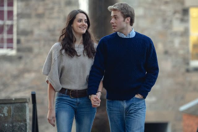 <p>Justin Downing/Netflix</p> Ed McVey and Meg Bellamy in character as Kate Middleton and Prince William in art released by Netflix in April.