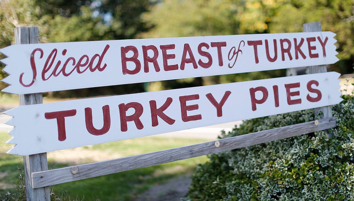 The hand-painted sign outside Gerard Farm in Marshfield, a longtime institution for Thanksgiving turkey.