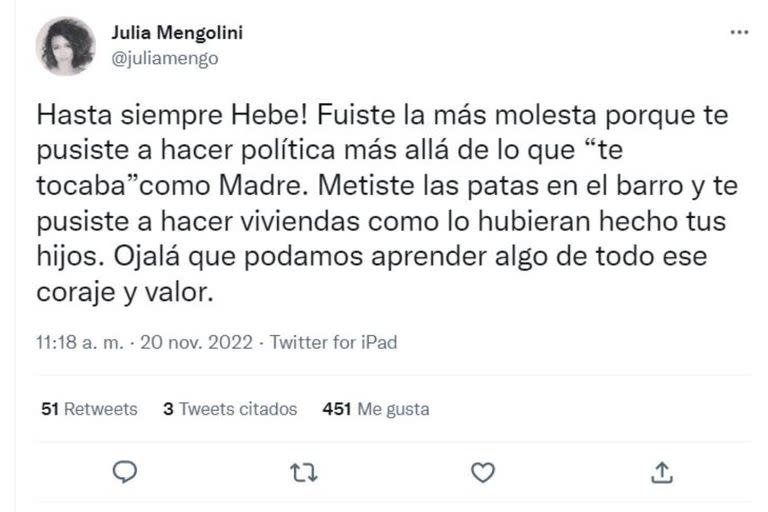 La periodista Julia Mengolini despidió a Hebe de Bonafini