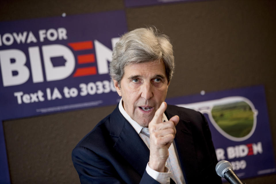 FILE - In this Jan. 9, 2020, file photo, former Secretary of State John Kerry speaks at a campaign stop to support Democratic presidential candidate former Vice President Joe Biden at the Biden for President Fort Dodge Office in Fort Dodge, Iowa. (AP Photo/Andrew Harnik, File)