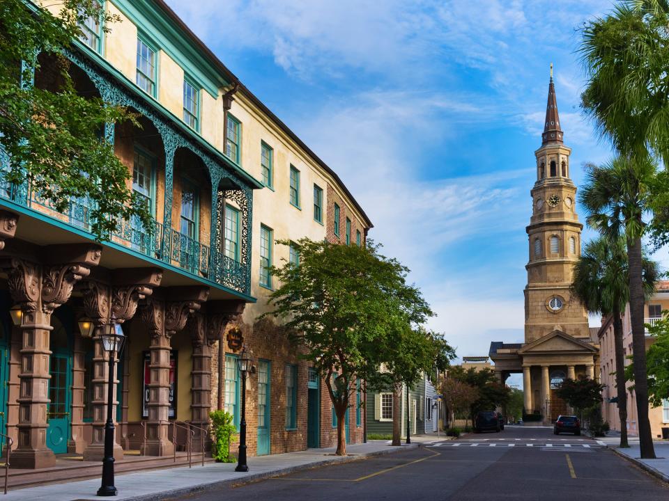 USA, South Carolina, Charleston, Church Street, Dock Street Theater, St. Philip's Church