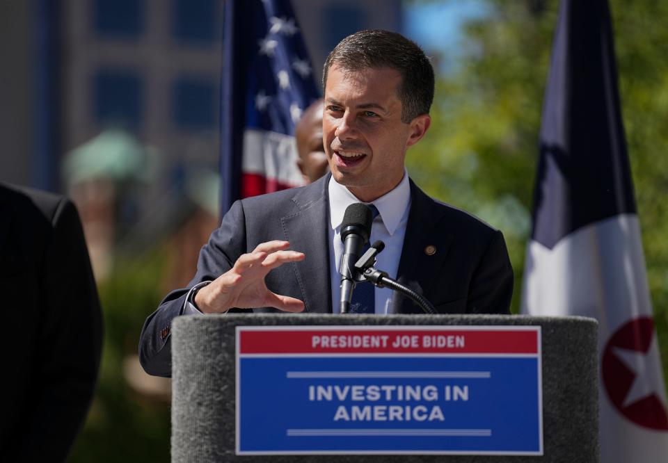 United States Secretary of Transportation Pete Buttigieg speaks Thursday, Aug. 31, 2023, outside Cummins Indianapolis Distribution Headquarters in downtown Indy. Buttigieg made several stops in Indiana to highlight infrastructure investments the Biden administration has made. During his speech, Buttigieg commended a $46.5 million city project that is partially federally funded by the Bipartisan Infrastructure Law. The project, which is at least two years away from beginning, will reconfigure and improve to downtown roads for safety and efficiency.