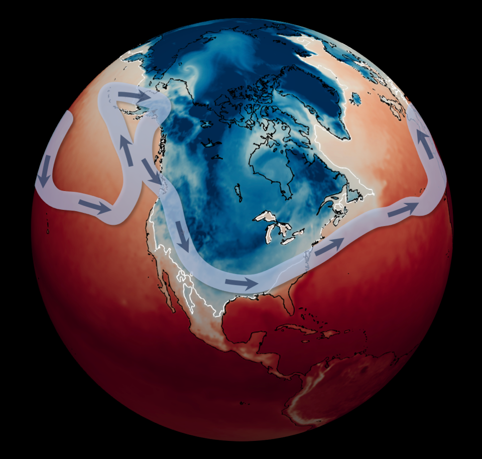 Surface temperatures at 7 a.m. EST on Jan. 16, 2024. Temperatures below freezing are in blue; those above freezing are in red. The jet stream is indicated by the light blue line with arrows. Mathew Barlow/UMass Lowell, <a href="http://creativecommons.org/licenses/by/4.0/" rel="nofollow noopener" target="_blank" data-ylk="slk:CC BY;elm:context_link;itc:0;sec:content-canvas" class="link ">CC BY</a>