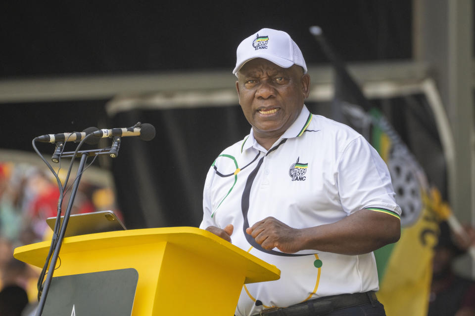 South African President Cyril Ramaphosa delivers his speech as African National Congress supporters gather at the Mose Mabhida stadium in Durban, South Africa, Saturday, Feb. 24, 2024, for their national manifesto launch in anticipation of the 2024 general elections. (AP Photo/Jerome Delay)