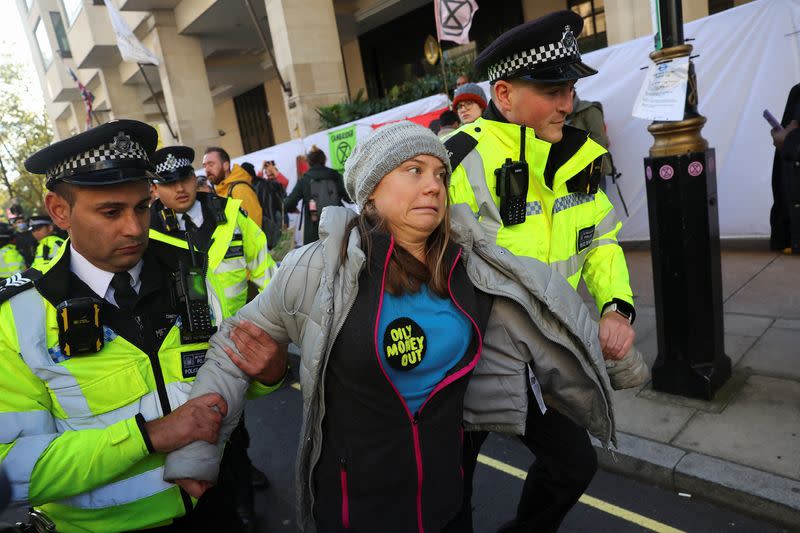 Swedish climate campaigner Greta Thunberg attends an Oily Money Out and Fossil Free London protest in London