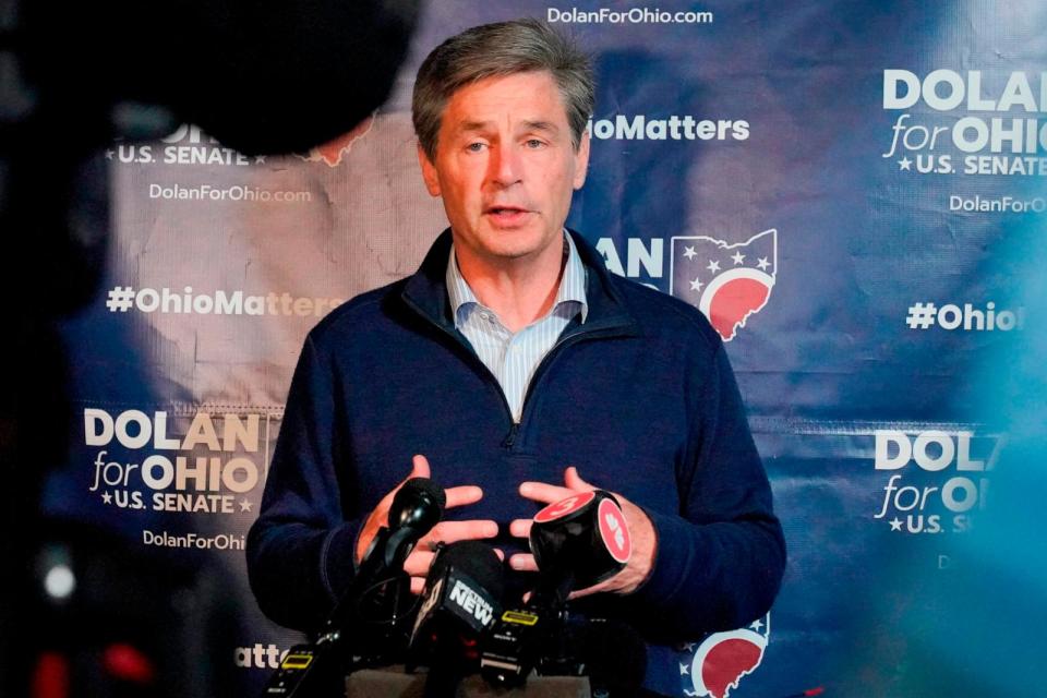 PHOTO: Republican U.S. Senate candidate Matt Dolan speaks to supporters during his primary election returns gathering, May 3, 2022, in Independence, Ohio.  (Gene J. Puskar/AP, Files)