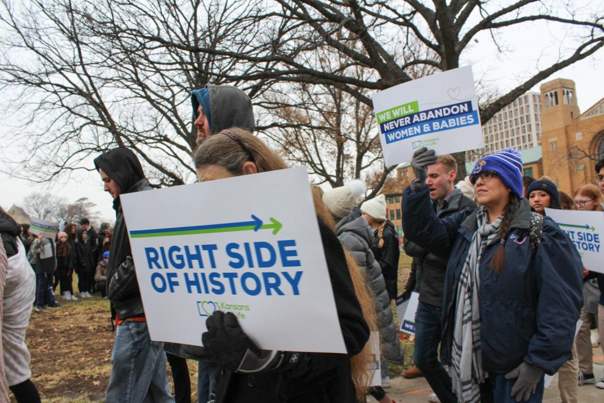 Anti-abortion protesters march in Topeka during the 2023 annual Kansas March for Life.