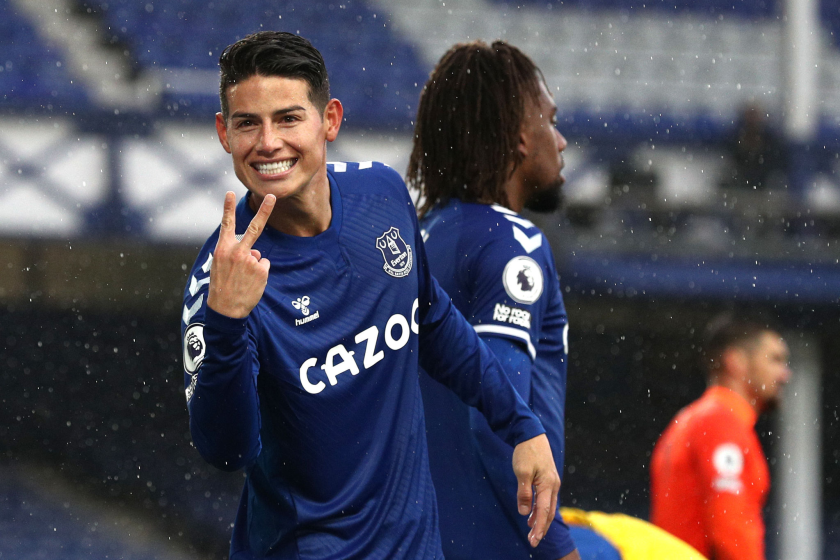 LIVERPOOL, ENGLAND - OCTOBER 03: James Rodriguez of Everton celebrates after scoring his team's fourth goal.