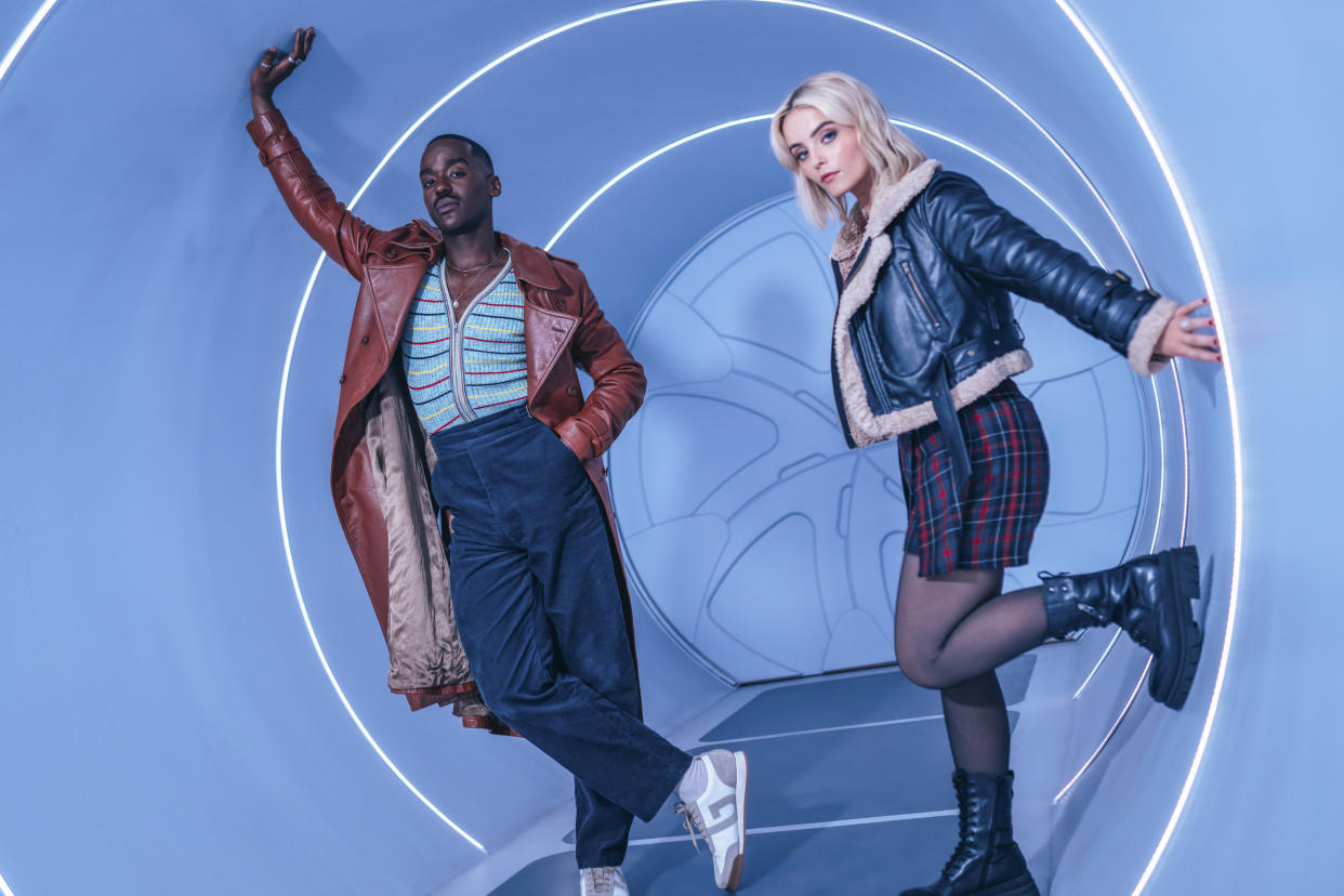 Doctor Who stars Ncuti Gatwa and Millie Gibson in a blue tunnel in the Tardis