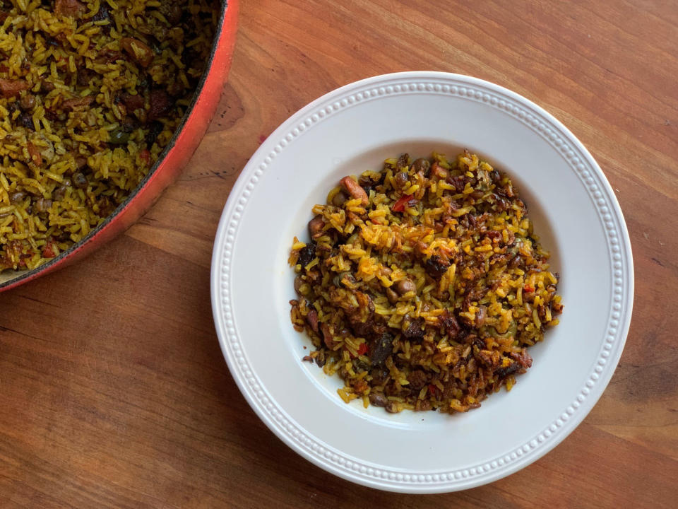 Alejandra Ramos' Puerto Rican arroz con gandules (rice with pigeon peas) served with the pegao on top. (Alejandra Ramos)