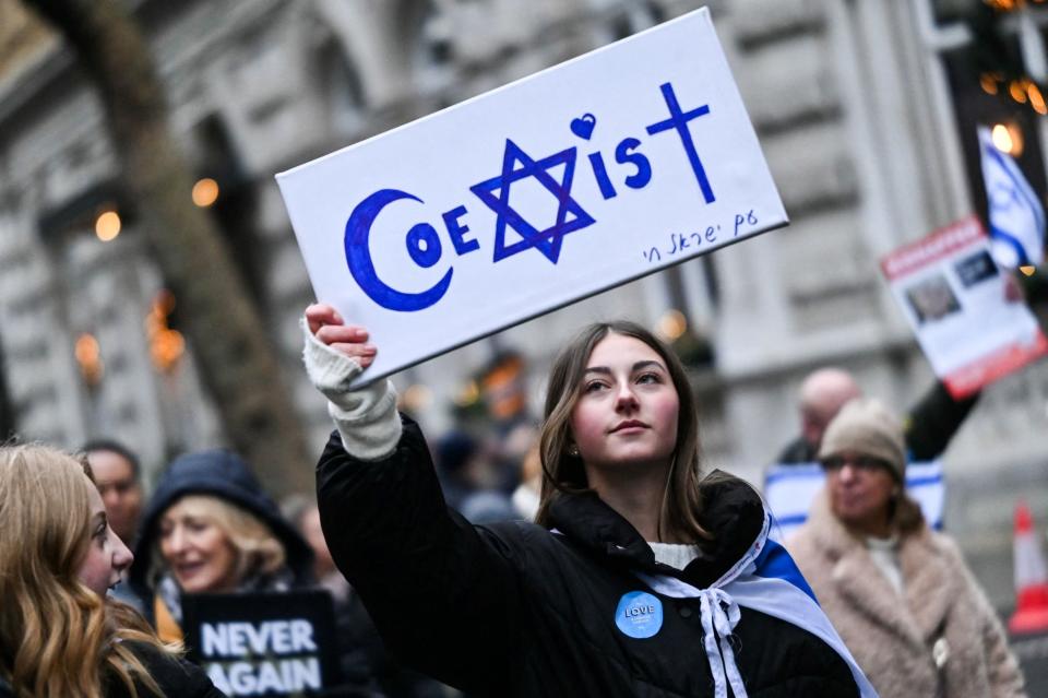A protester against antisemitism in London on Nov. 26, 2023.