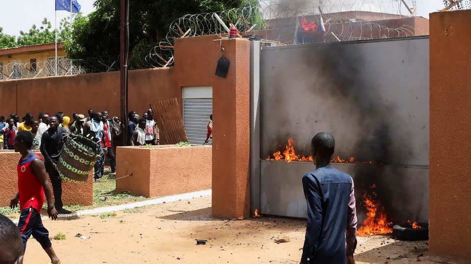 Pro-junta demonstrators gathered outside the French embassy, tried to set it on fire before being dispersed by security forces in Niamey, the capital city of Niger July 30, 2023.  - Stringer/Reuters