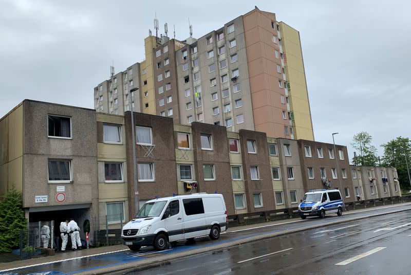 General view of a block of flats that has been quarantined, in Goettingen