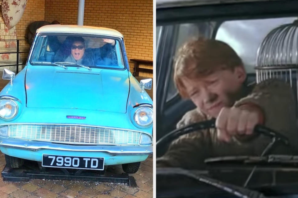 A woman is in a small car, posing in a fearful way, with Ron Weasley driving a car aggressively on the right