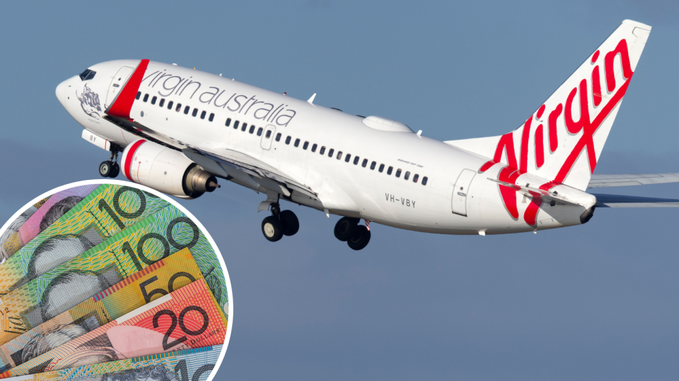 A Virgin Australia plane and Australian currency