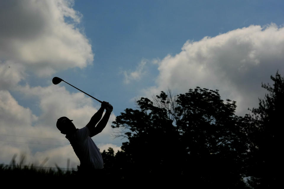 Xander Schauffele hits his tee shot on the fifth hole during the first round of the PGA Championship golf tournament at the Valhalla Golf Club, Thursday, May 16, 2024, in Louisville, Ky. (AP Photo/Matt York)