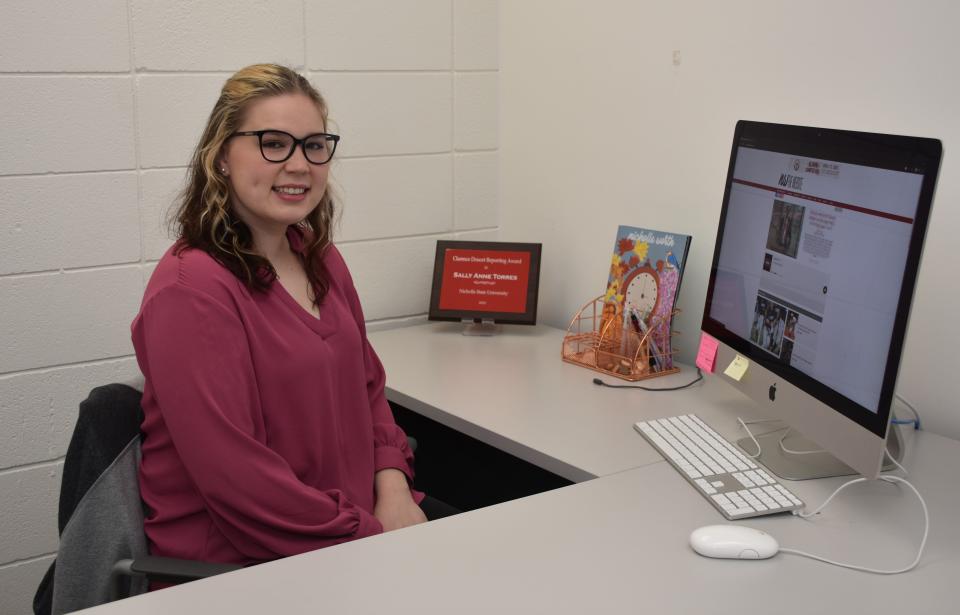 Sally-Anne Torres, the editor-in-chief of the Nicholls Worth – the student newspaper at Nicholls State University – in her campus office. She spoke with six students who told her they were solicited by former professor, Joseph Tokosh.