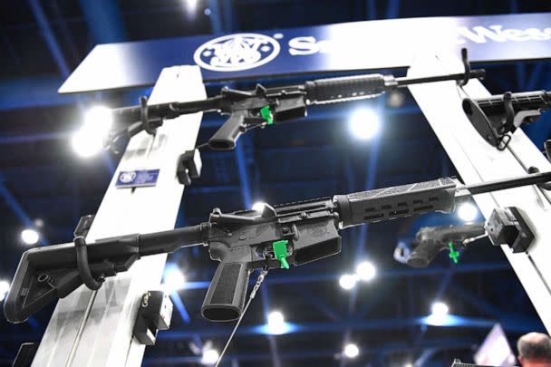 PHOTO: Smith & Wesson M&P-15 semi-automatic rifles of the AR-15 style are displayed during the National Rifle Association (NRA) annual meeting, in Houston, on May 28, 2022.  (Patrick T. Fallon/AFP via Getty Images, FILE)