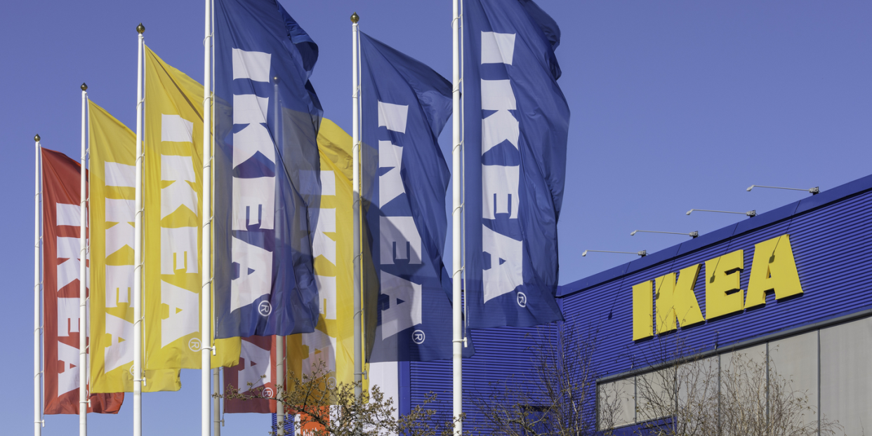 flags outside the ikea store in barkarby outside stockholm, sweden