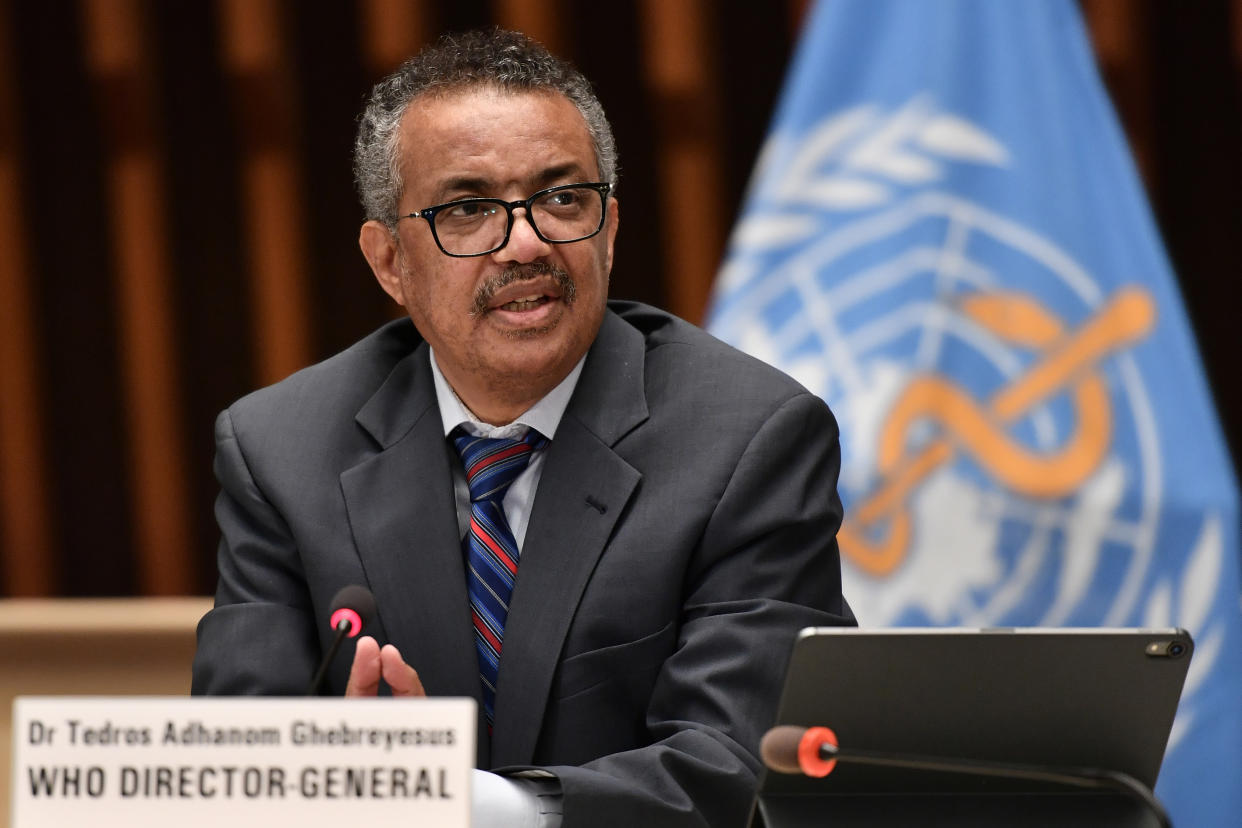 World Health Organization (WHO) Director-General Tedros Adhanom Ghebreyesus attends a press conference organised by the Geneva Association of United Nations Correspondents (ACANU) amid the COVID-19 outbreak, caused by the novel coronavirus, on July 3, 2020 at the WHO headquarters in Geneva. (Photo by Fabrice COFFRINI / POOL / AFP) (Photo by FABRICE COFFRINI/POOL/AFP via Getty Images)