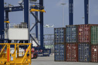 A helicopter lands at the Lekki deep seaport prior to its commission by Nigeria's President, Muhammadu Buhari in Lagos, Nigeria, Monday, Jan. 23, 2023. Nigeria's President Muhammadu Buhari on Monday commissioned a Chinese-built and -funded $1.5 billion deep seaport in the commercial hub of Lagos with authorities optimistic the project would help grow the West African nation's ailing economy. (AP Photo/Sunday Alamba)