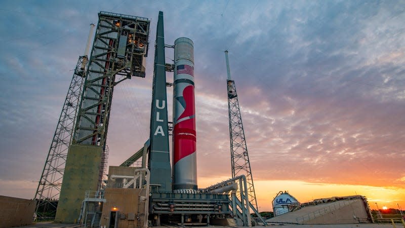 The Vulcan rocket ahead of its flight readiness test on June 7, 2023. 