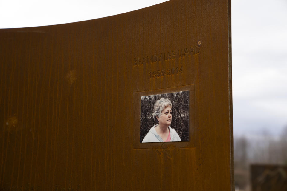 An image of Brandy Lee Ward is seen at the memorial for the Oso landslide designed by local artist Tsovinar Muradyan and the Classic Foundry, ahead of the opening on Saturday, Feb. 17, 2024, in Oso, Wash. (AP Photo/Jenny Kane)