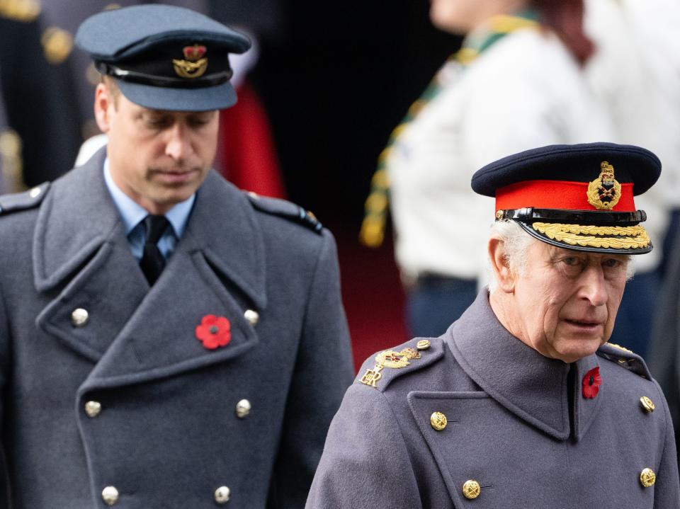 King Charles III and Prince William, Prince of Wales during the National Service Of Remembrance at The Cenotaph on November 13, 2022 in London, England.