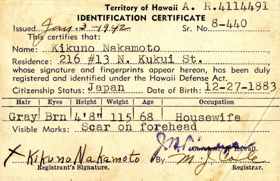 Every citizen of the Hawaiian Islands was required to be fingerprinted and issued an official ID card like this one. Under martial law, this card had to be carried at all times. In Kikuno Nakamoto's&nbsp;case, the&nbsp;card appears&nbsp;to&nbsp;show&nbsp;either the wrong&nbsp;age or the wrong birth year.