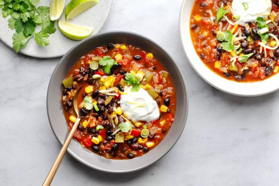 <p>The Spruce Eats</p><p>If you have vegetarians watching the game, they will appreciate a big bowl of this.</p><p><strong>Get the recipe: <a href="https://www.thespruceeats.com/crockpot-black-bean-chili-recipe-481139" rel="nofollow noopener" target="_blank" data-ylk="slk:Crock Pot Black Bean Chili;elm:context_link;itc:0;sec:content-canvas" class="link ">Crock Pot Black Bean Chili</a></strong></p>