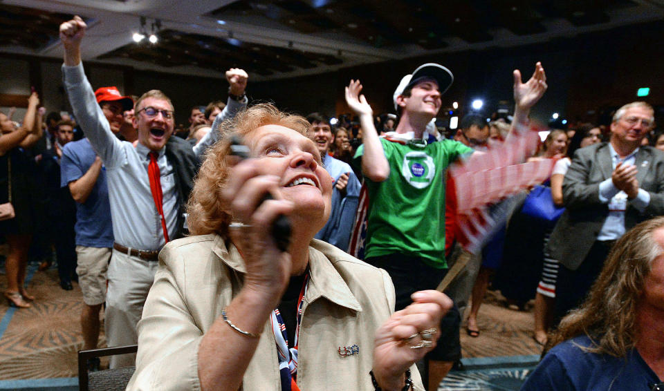 Lyn Thrasher reacts with the crowd as North Carolina Republican presidential candidate Donald Trump is declared the state's winner at the Crabtree Marriott in Raleigh, North Carolina, on&nbsp;Nov. 8.
