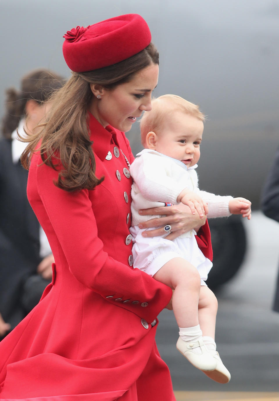 The Duchess of Cambridge and Prince George arrive at Wellington Military Terminal in New Zealand for the first day of their royal tour on April 7, 2014. 