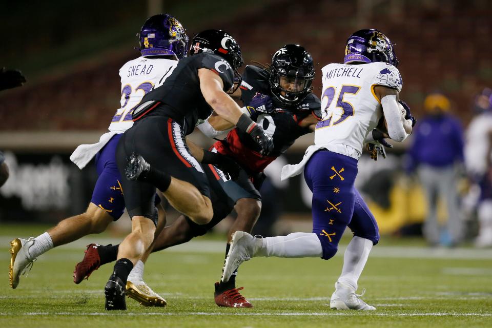 East Carolina running back Keaton Mitchell will present a challenge to the Bearcats defense. He leads the AAC in rushing yards (863), averaging about 108 yards per game.