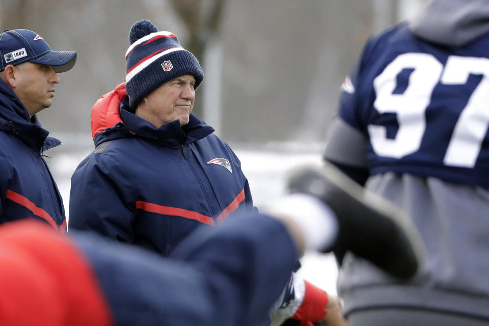 New England Patriots head coach Bill Belichick, center, watches during an NFL football practice, Wednesday, Dec. 4, 2019, in Foxborough, Mass. (AP Photo/Steven Senne)