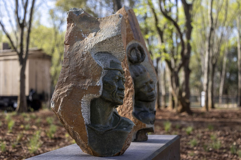 "African King and Queen," by Joe Mutasa, opal stone, 1993, during a media tour of Equal Justice Initiative's new Freedom Monument Sculpture Park, Tuesday, March 12, 2024, in Montgomery, Ala. (AP Photo/Vasha Hunt)